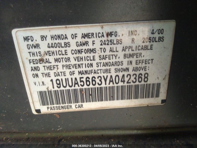 2000 ACURA TL VIN: 19UUA5663YA042368
