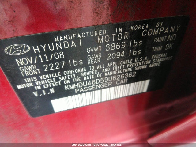 2009 HYUNDAI ELANTRA GLS VIN: KMHDU46D59U626362