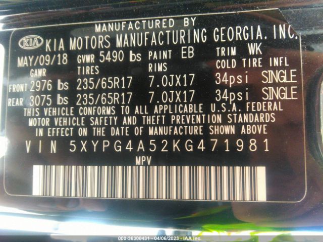 5XYPG4A52KG471981 KIA Sorento Lx V6