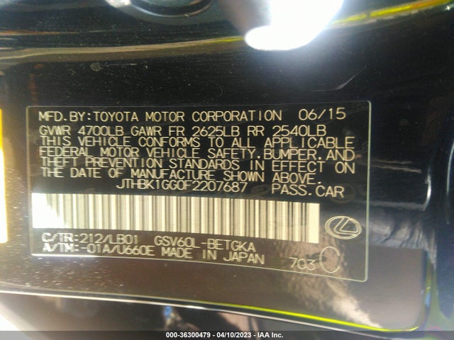 JTHBK1GG0F2207687 Lexus ES 350