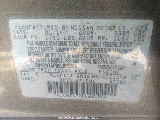 2014 NISSAN VERSA S PLUS VIN: 3N1CN7AP0EL856284
