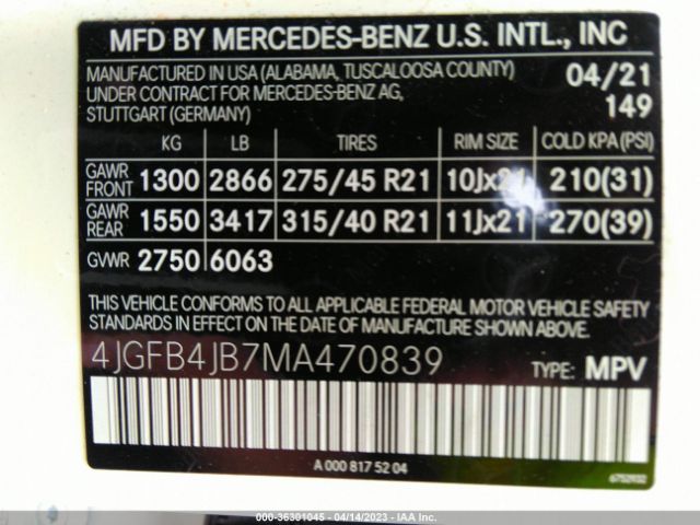 4JGFB4JB7MA470839 Mercedes-Benz Gle Gle 350