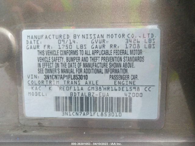 3N1CN7AP1FL853010 Nissan VERSA SV