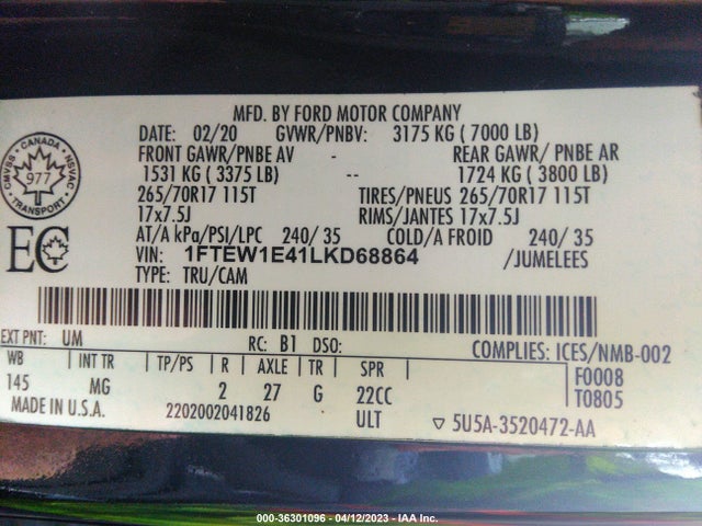 2020 Ford F-150, VIN: 1FTEW1E41LKD68864