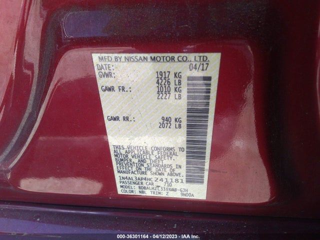 2017 NISSAN ALTIMA 2.5 SR VIN: 1N4AL3AP4HC241181