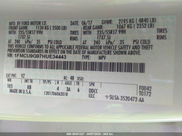 1FMCU9G97HUE34443 Ford ESCAPE SE