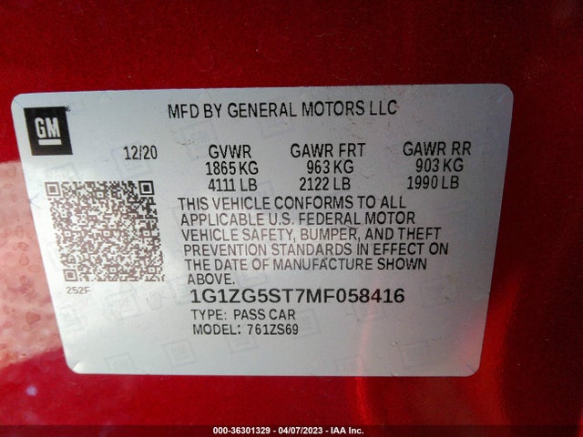 2021 CHEVROLET MALIBU RS VIN: 1G1ZG5ST7MF058416