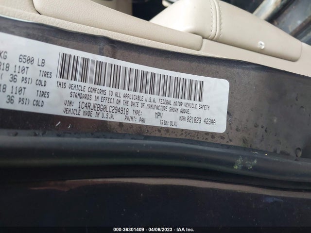 2020 JEEP GRAND CHEROKEE LIMITED VIN: 1C4RJEBG0LC294918