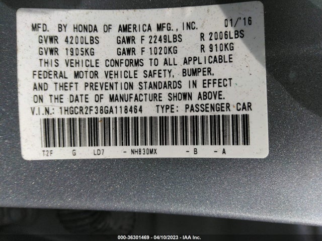 36301469 :رقم المزاد ، 1HGCR2F38GA118464 vin ، 2016 Honda Accord Sedan Lx مزاد بيع