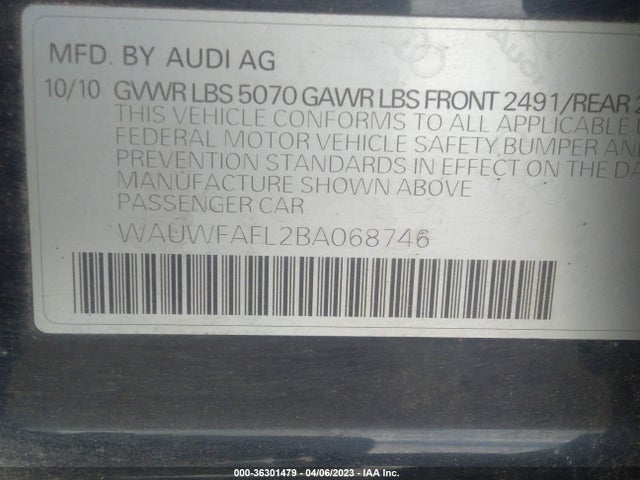 2011 AUDI A4 2.0T PREMIUM PLUS VIN: WAUWFAFL2BA068746