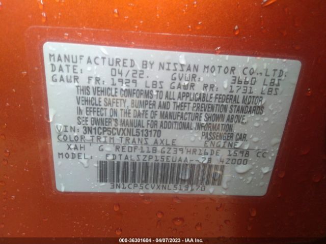 3N1CP5CVXNL513170 Nissan KICKS SV