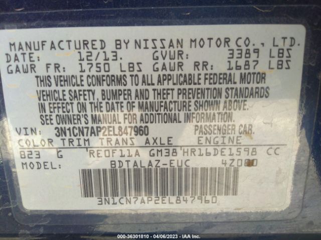 3N1CN7AP2EL847960 Nissan Versa S Plus