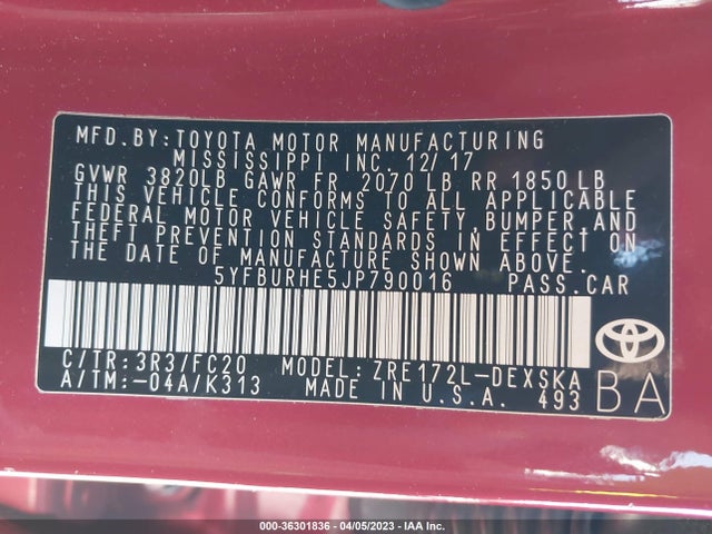 Toyota COROLLA SE 2018 5YFBURHE5JP790016 Image 9