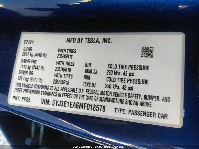 Tesla Model 3 Standard Range Plus 2021 5YJ3E1EA6MF018578 Image 10