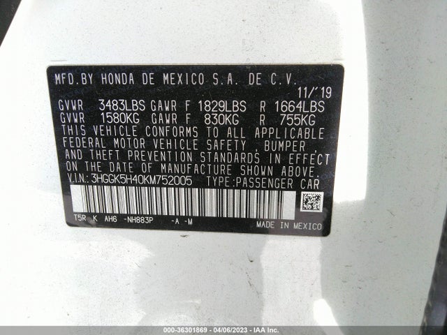 2019 HONDA FIT LX VIN: 3HGGK5H40KM752005