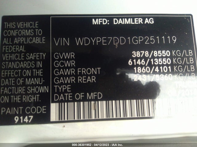 2016 Freightliner Sprinter, VIN: WDYPE7DD1GP251119