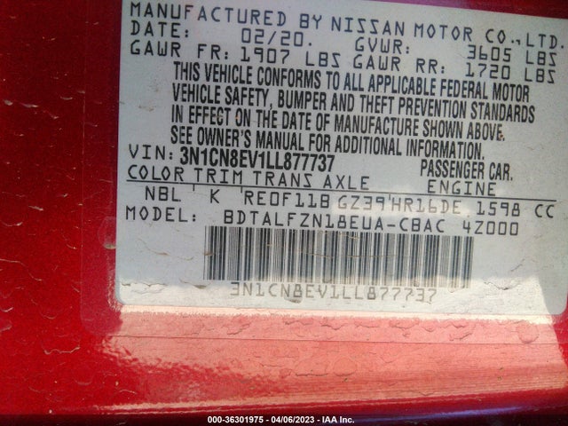 Nissan VERSA SV 2020 3N1CN8EV1LL877737 Image 11