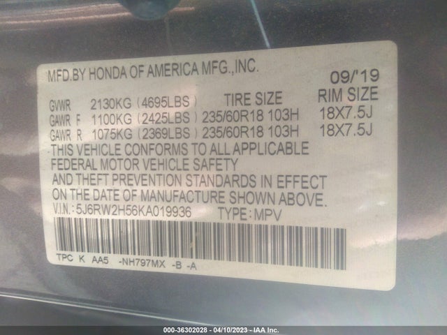 Honda CR-V EX 2019 5J6RW2H56KA019936 Image 10