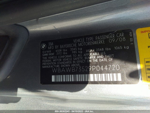 2009 BMW 3 SERIES 335I VIN: WBAWB73529P044720