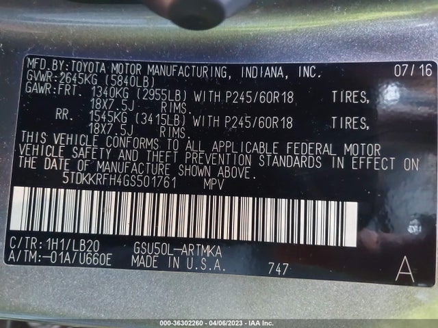 Toyota Highlander Xle 2016 5TDKKRFH4GS501761 Image 10