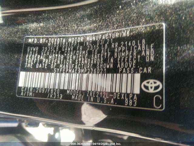 2021 TOYOTA COROLLA LE VIN: 5YFEPMAE9MP226021
