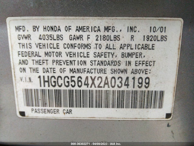2002 HONDA ACCORD SDN LX VIN: 1HGCG564X2A034199