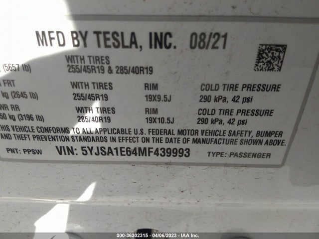 Tesla Model S Plaid 2021 5YJSA1E64MF439993 Image 9