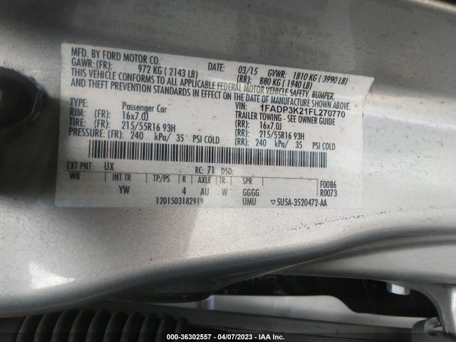 Ford FOCUS SE 2015 1FADP3K21FL270770 Image 9