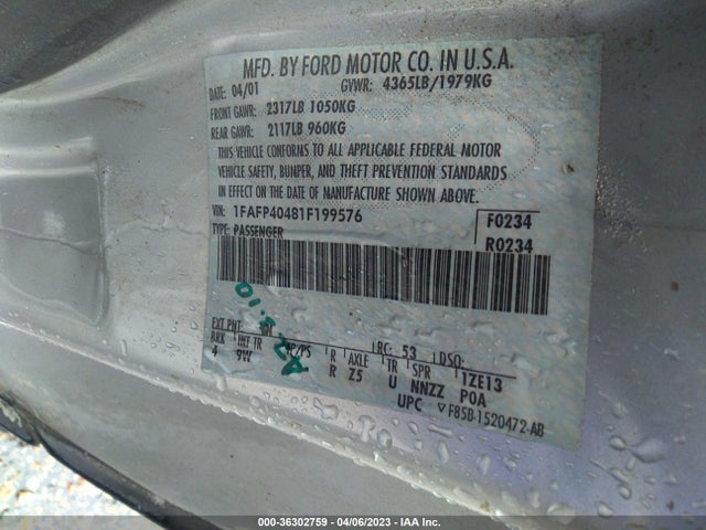 2001 FORD MUSTANG STANDARD/DELUXE/PREMIUM VIN: 1FAFP40481F199576