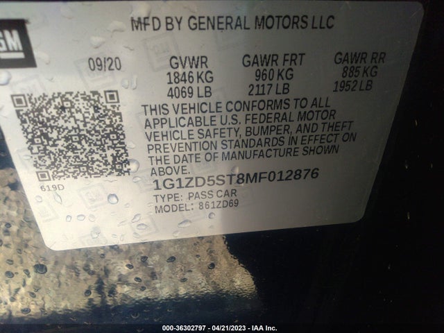 2021 CHEVROLET MALIBU LT VIN: 1G1ZD5ST8MF012876