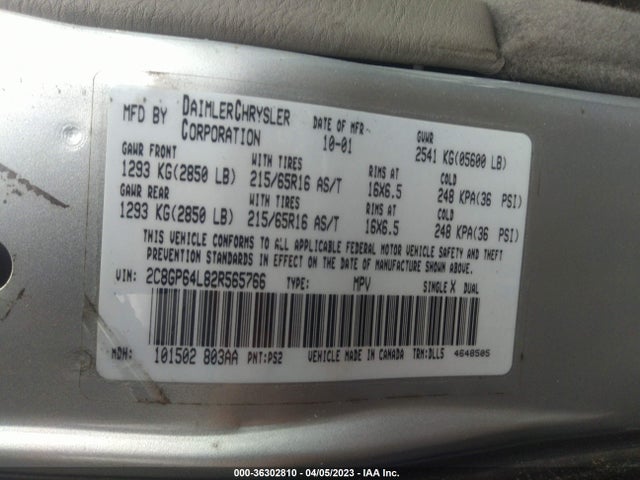 2002 CHRYSLER TOWN & COUNTRY LIMITED VIN: 2C8GP64L82R565766