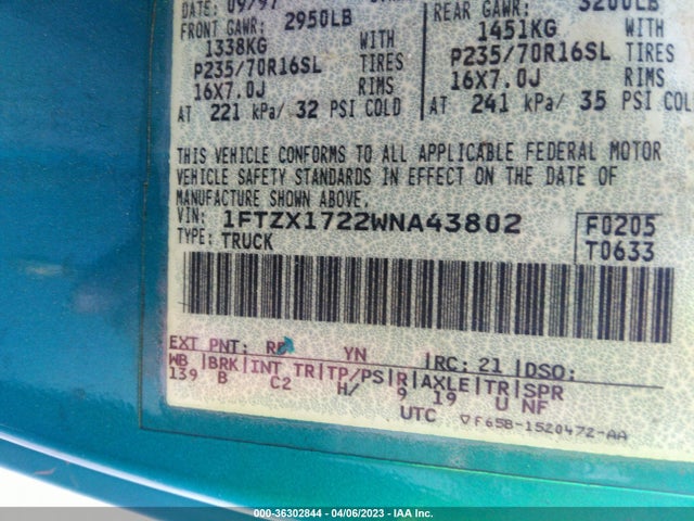 1998 FORD F-150 VIN: 1FTZX1722WNA43802