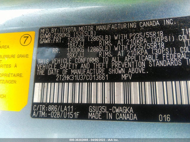 2007 LEXUS RX 350 VIN: 2T2HK31U37C013661