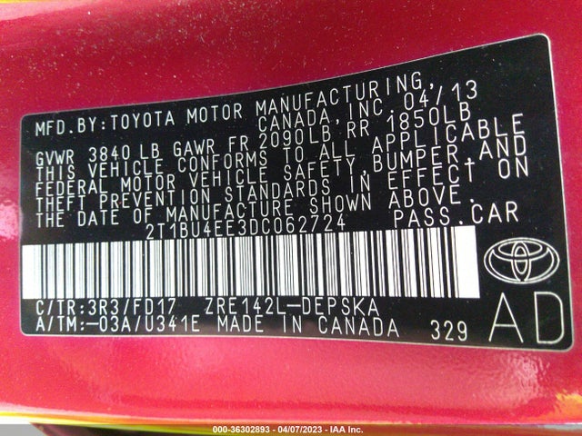 2013 TOYOTA COROLLA L/LE/S VIN: 2T1BU4EE3DC062724