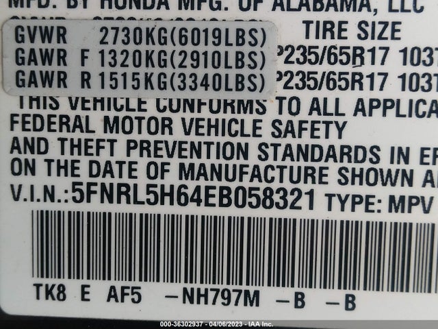 2014 HONDA ODYSSEY EX-L VIN: 5FNRL5H64EB058321