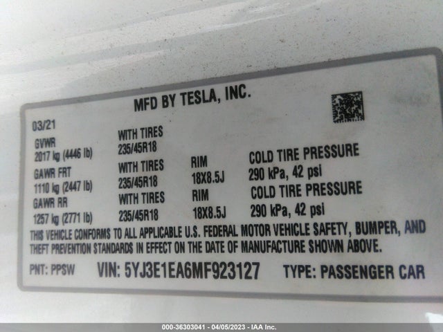 Tesla Model 3 Standard Range Plus 2021 5YJ3E1EA6MF923127 Image 9