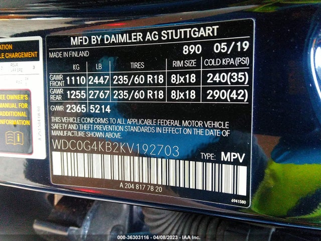 2019 MERCEDES-BENZ GLC GLC 300 VIN: WDC0G4KB2KV192703
