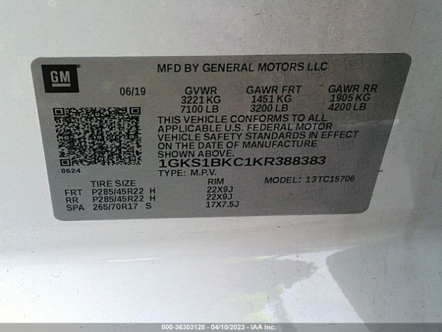 1GKS1BKC1KR388383 GMC YUKON SLT