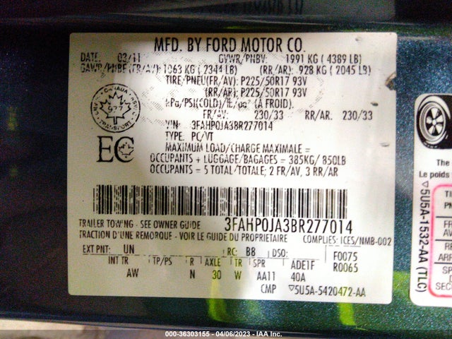 2011 FORD FUSION SEL VIN: 3FAHP0JA3BR277014
