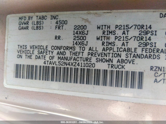 1999 TOYOTA TACOMA VIN: 4TAVL52N4XZ411020