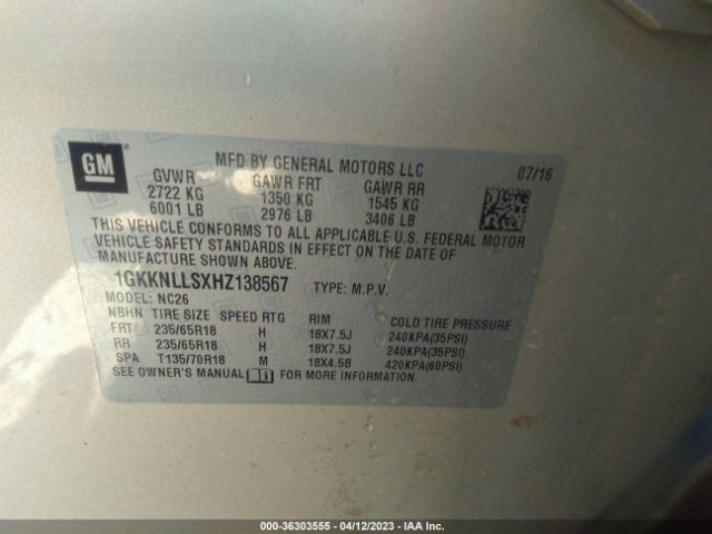 1GKKNLLSXHZ138567 GMC ACADIA SLE