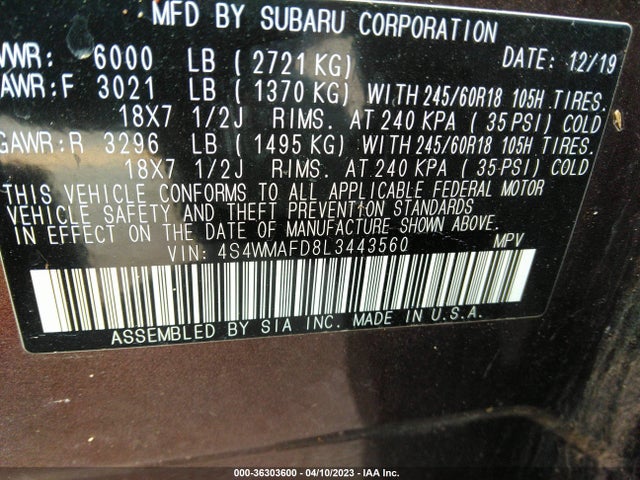 2020 Subaru Ascent, VIN: 4S4WMAFD8L3443560