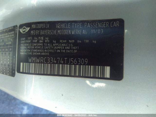 2004 MINI COOPER HARDTOP VIN: WMWRC33474TJ56309