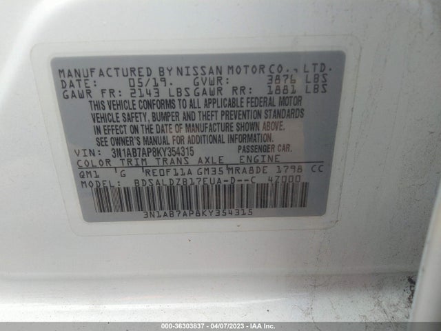 Nissan SENTRA SV 2019 3N1AB7AP8KY354315 Image 9