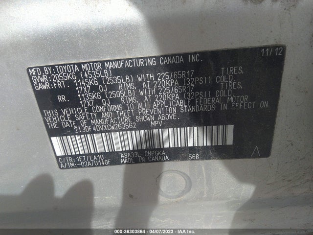 2012 TOYOTA RAV4 LIMITED VIN: 2T3DF4DVXCW263562