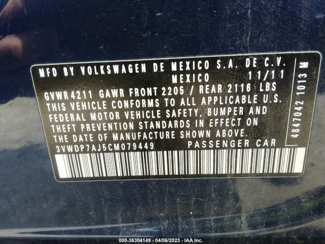 2012 VOLKSWAGEN JETTA SEDAN SE PZEV VIN: 3VWDP7AJ5CM079449