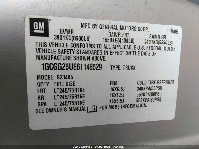 2006 CHEVROLET EXPRESS CARGO VAN VIN: 1GCGG25U861148529