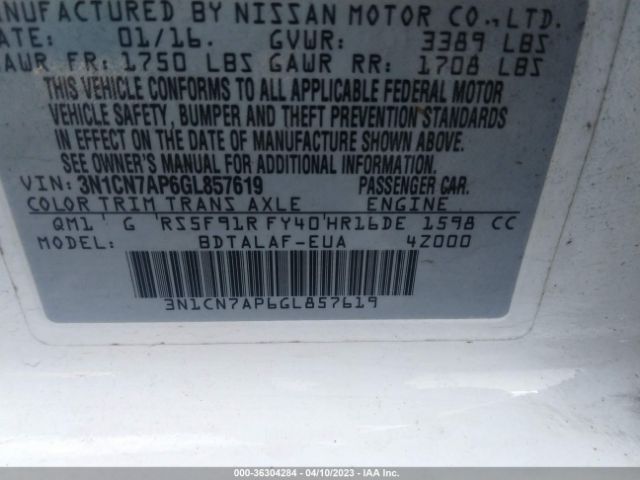 3N1CN7AP6GL857619 Nissan VERSA S