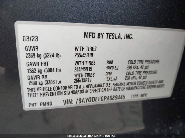 2023 TESLA MODEL Y LONG RANGE VIN: 7SAYGDEE0PA089445