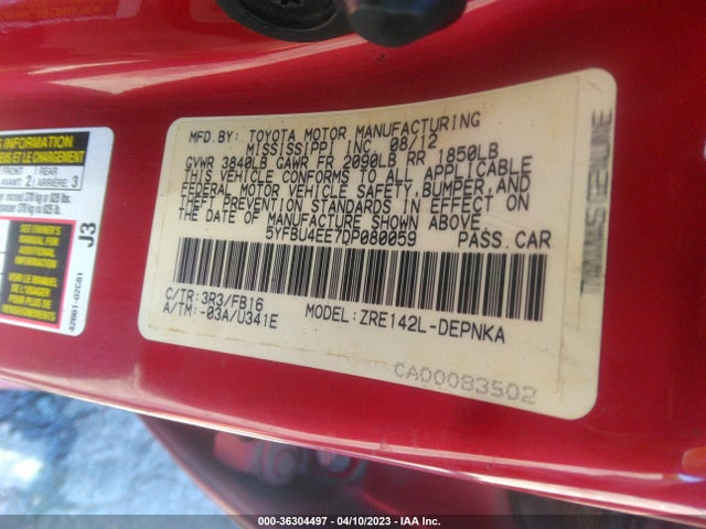 2013 TOYOTA COROLLA L/LE/S VIN: 5YFBU4EE7DP080059